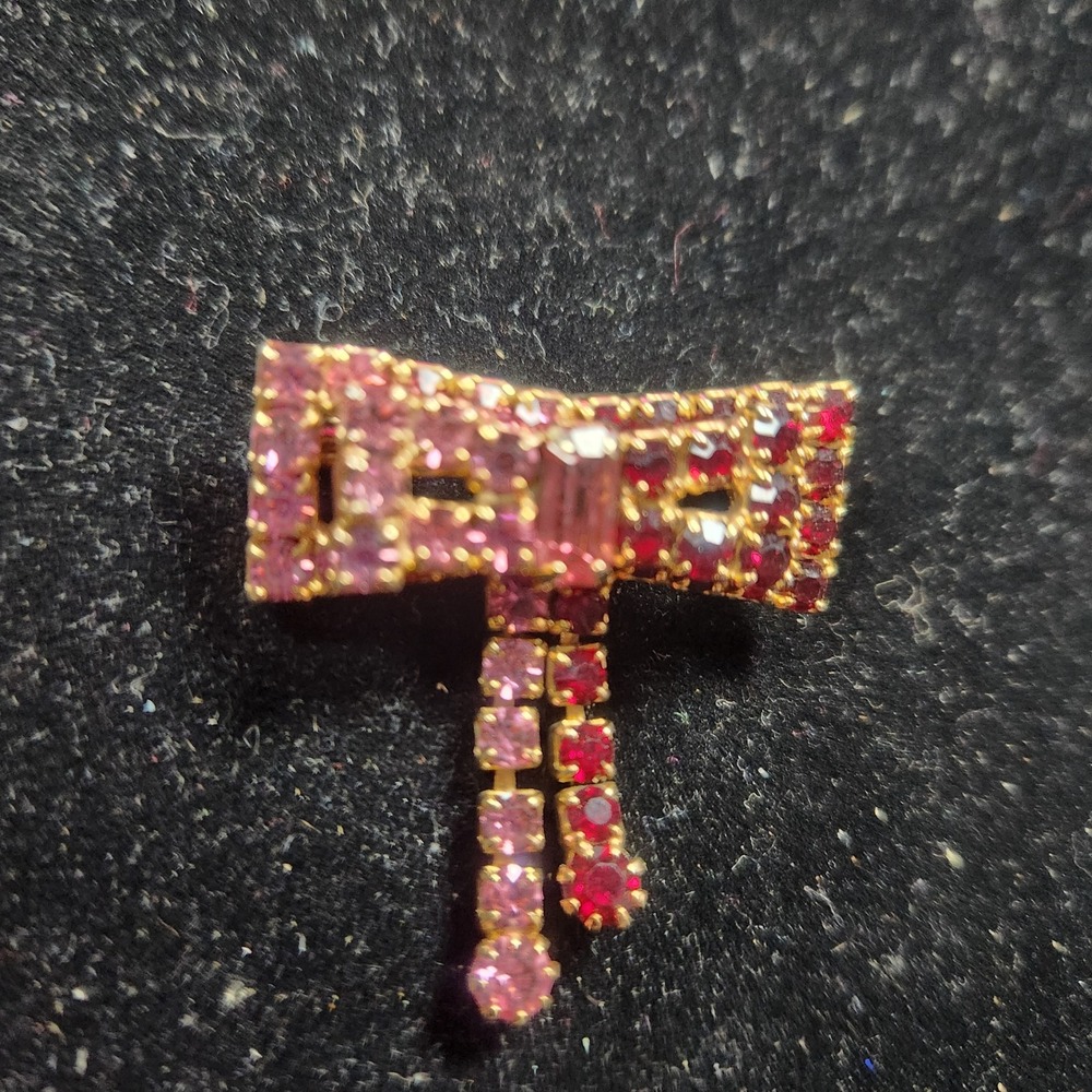Vintage Pink Red Rhinestone Bow Brooch Gold Tone Dangle Crystal Pin Retro